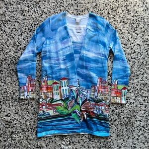 Chico’s Cardigan Vest 2-Piece Lightweight Blue Vacation City Print Women’s Small